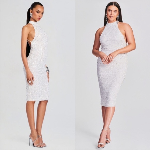 RETROFETE Hand Stitched Crystal & Sequin Sleeveless Halter Open Back Dress S - Picture 7 of 14